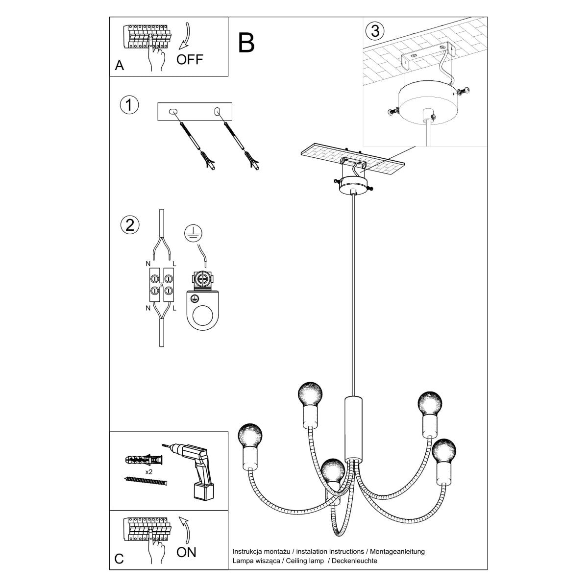 Pendelleuchte PICCOLO 3 schwarz Sollux Lighting