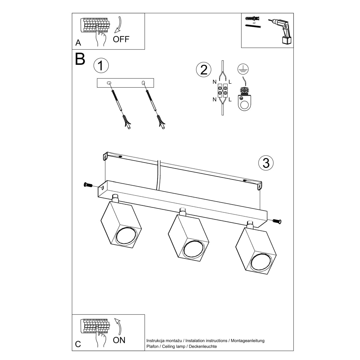 Deckenleuchte - Spot - Strahler KEKE 3 Eiche Sollux Lighting