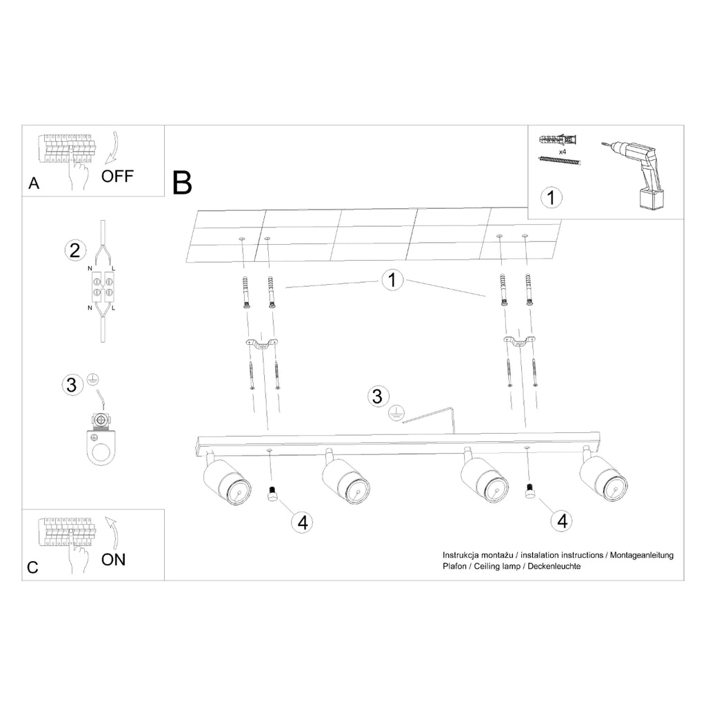 Deckenleuchte - Spot - Strahler NERO 4 schwarz & chrom Sollux Lighting
