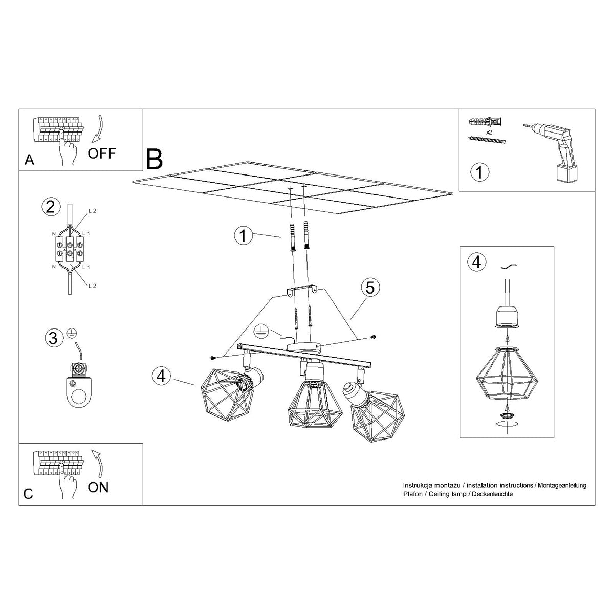Deckenleuchte ARTEMIS 3 schwarz Sollux Lighting