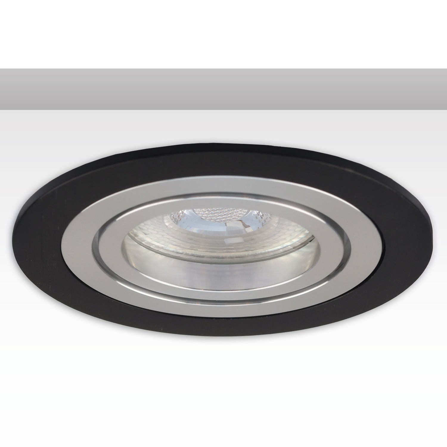 Einbaurahmen rund, Loch 80mm, schwarz + Alu gebürstet, für GU10/MR16 Spots