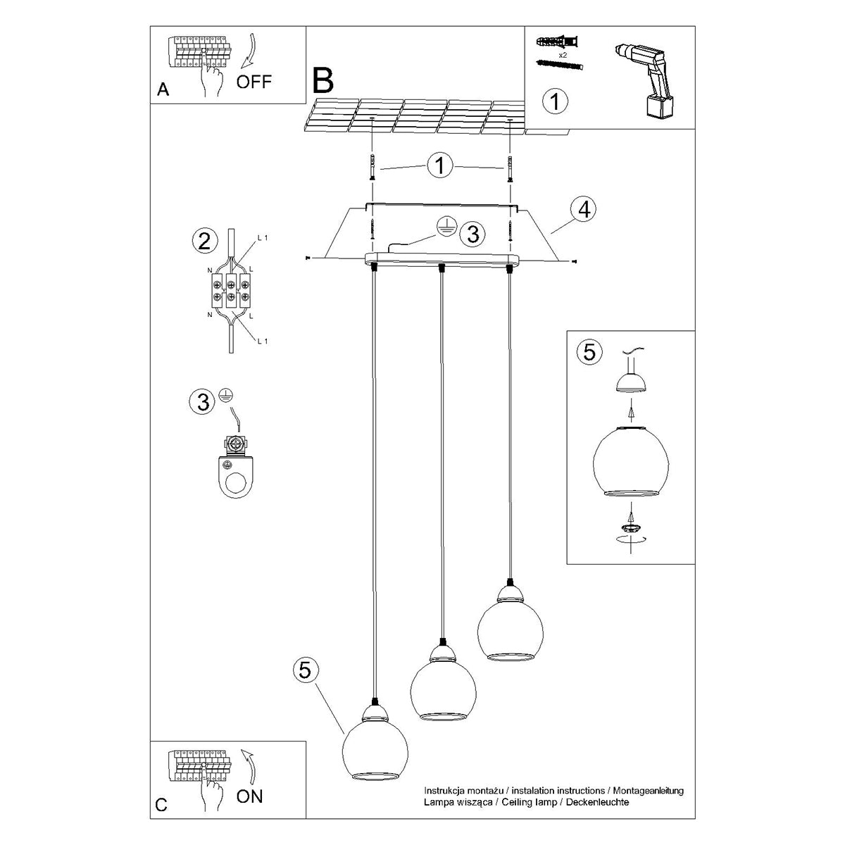 Pendelleuchte ALINO 3 schwarz Sollux Lighting