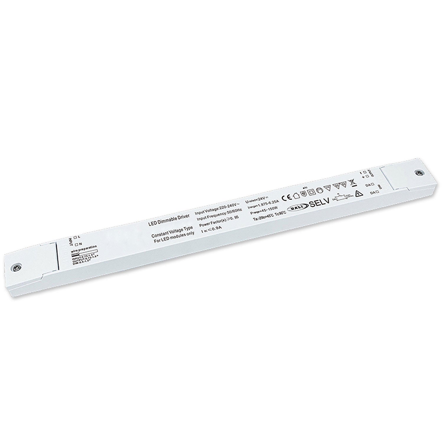 LED PWM-Trafo 24V/DC, 0-150W, Push/DALI-2 dimmbar, SELV, ultraflach, ultraschmal