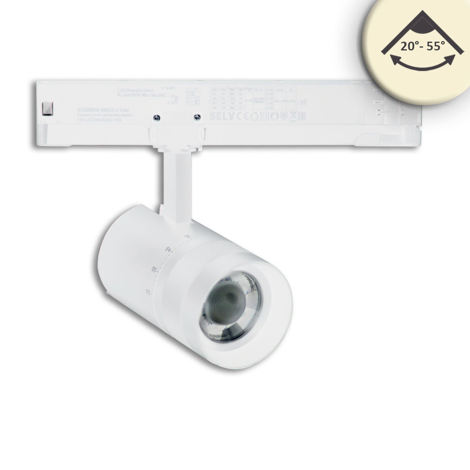 3-Phasen Schienenstrahler fokussierbar, 12W, 20°-55°, weiß matt, 3000K, DALI dimmbar