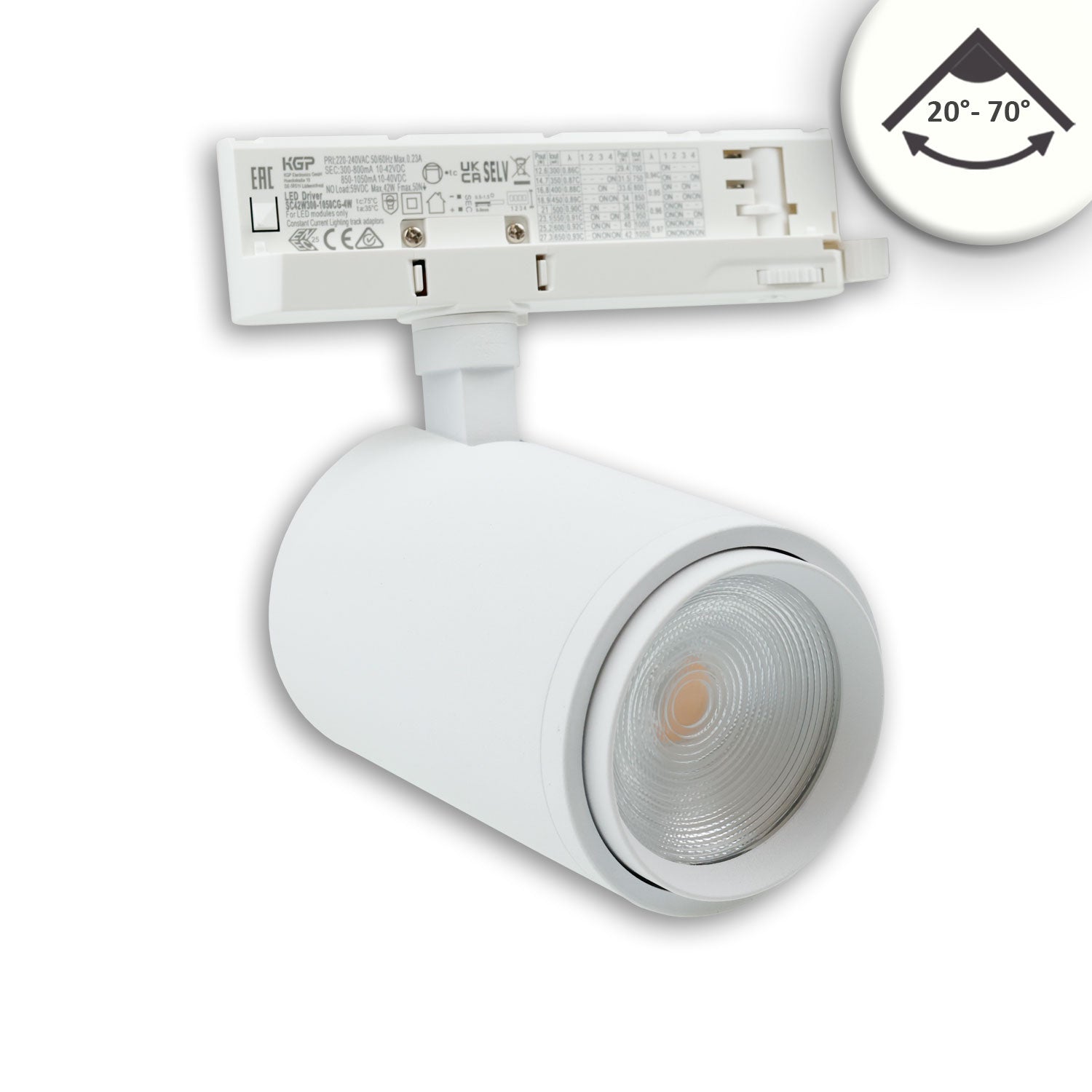 3-Phasen Schienenstrahler fokussierbar, 42W, 20°-70°, weiß matt, 4000K, CRI92, dimmbar