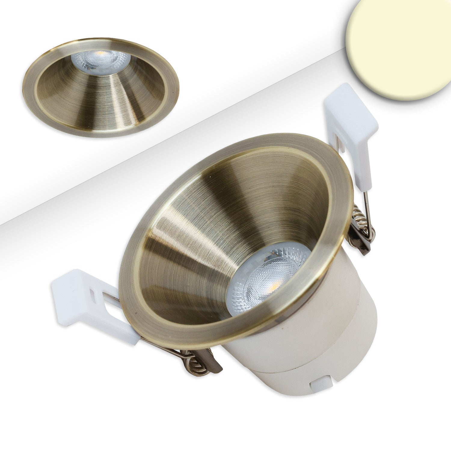 LED Einbaustrahler BACK60, messing geb., rund, 5W, CRI90, 2700K, rückversetzt, UGR<12, dimmbar