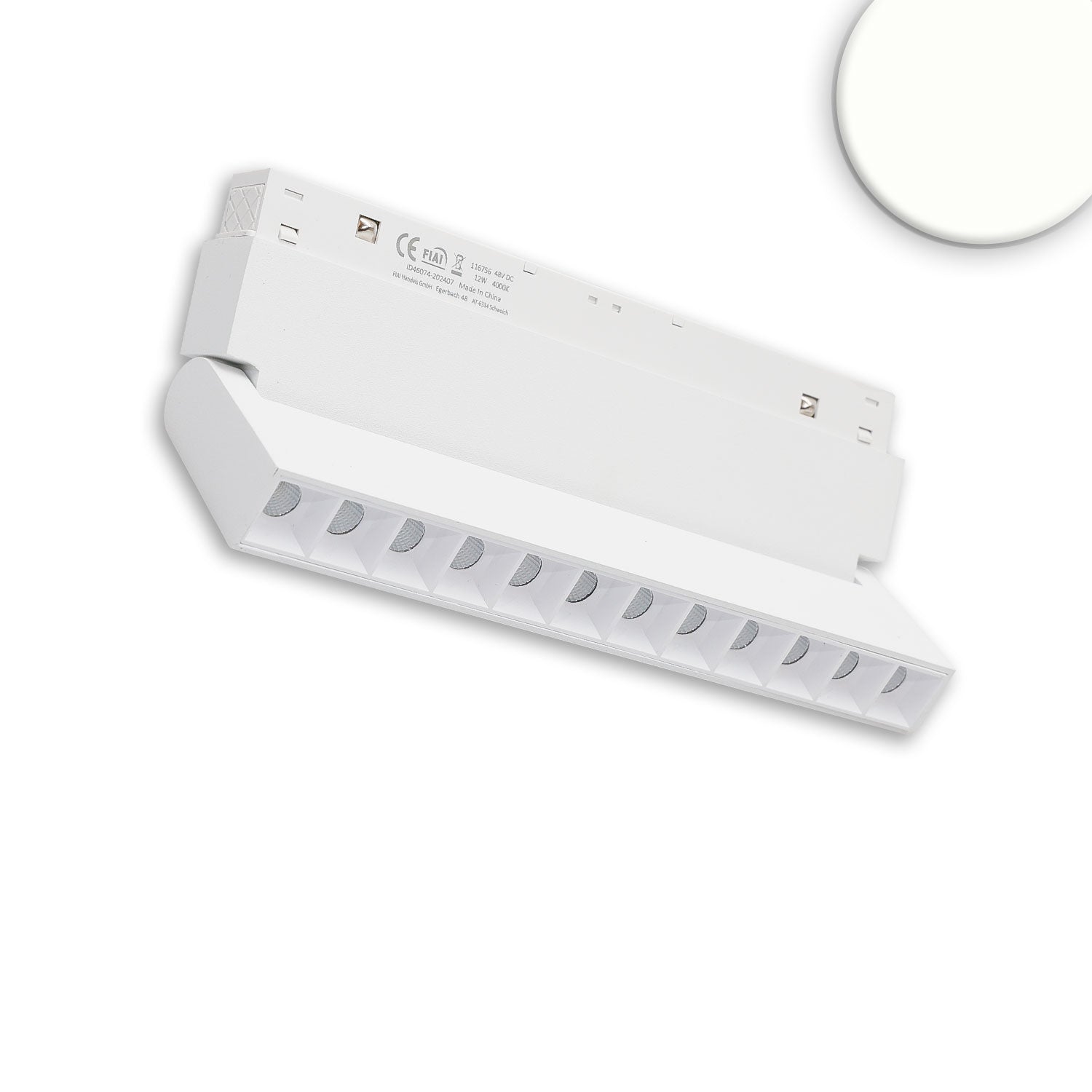 Track48 Raster-Schienenstrahler 22cm weiß, 12W, 36°, UGR<19, 48V DC, 4000K, CRI90, DALI dimmbar