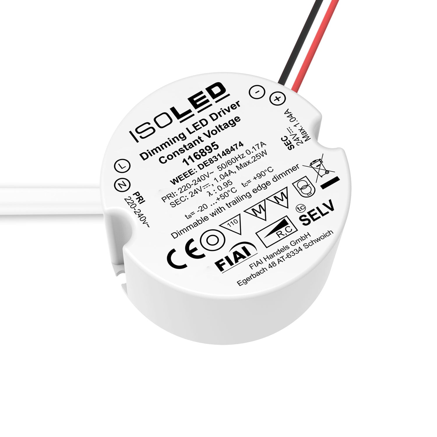 LED Schalterdosen-PWM-Trafo 24V/DC, 12-25W, Tiefe 30mm, IP65, dimmbar, SELV