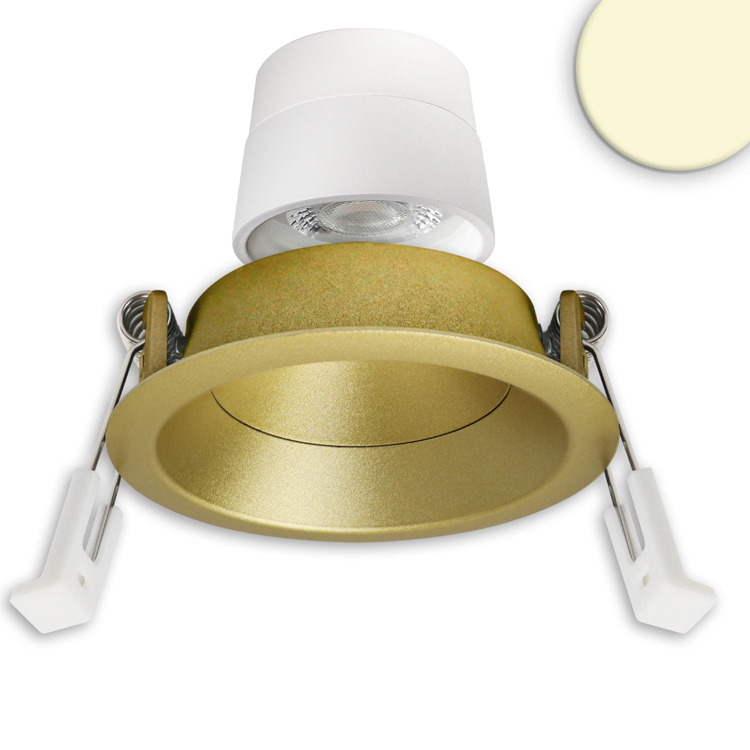 LED Einbaustrahler Back68, gold, rund, 5W, CRI90, 3000K, schwenkbar, rückvers., UGR<12, dimmbar