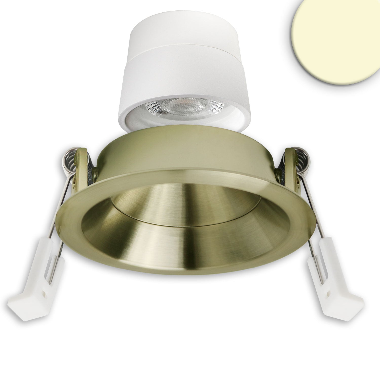 LED Einbaustrahler Back68, messing geb., rund, 5W, CRI90, 3000K, schwenkbar, rückvers., UGR<12, dimmbar