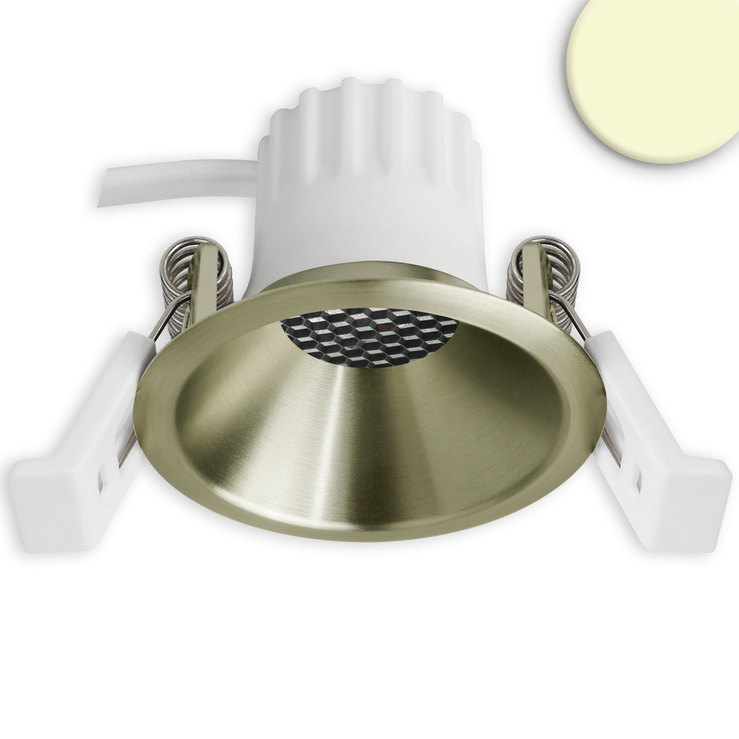 LED Einbaustrahler BACK45, messing geb., rund, 5W, CRI90, 3000K, rückversetzt, Honeycomb, dimmbar