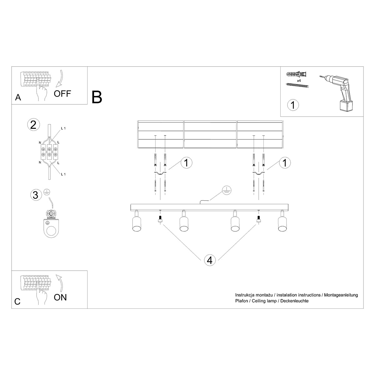 Deckenleuchte - Spot - Strahler VERDO 4 schwarz Sollux Lighting