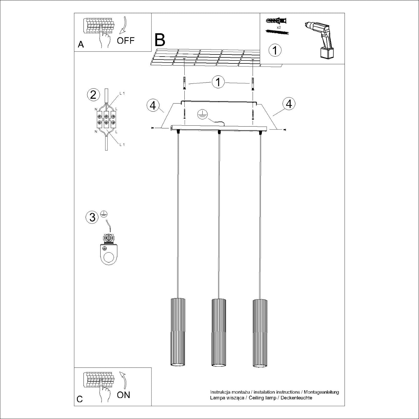 Pendelleuchte KARBON 3L schwarz Sollux Lighting