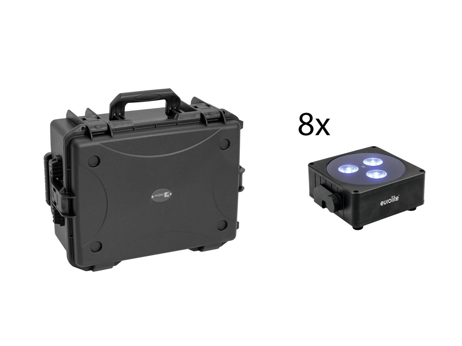 EUROLITE Set 8x AKKU Flat Light 3 sw + Kunststoffcase mit Trolley