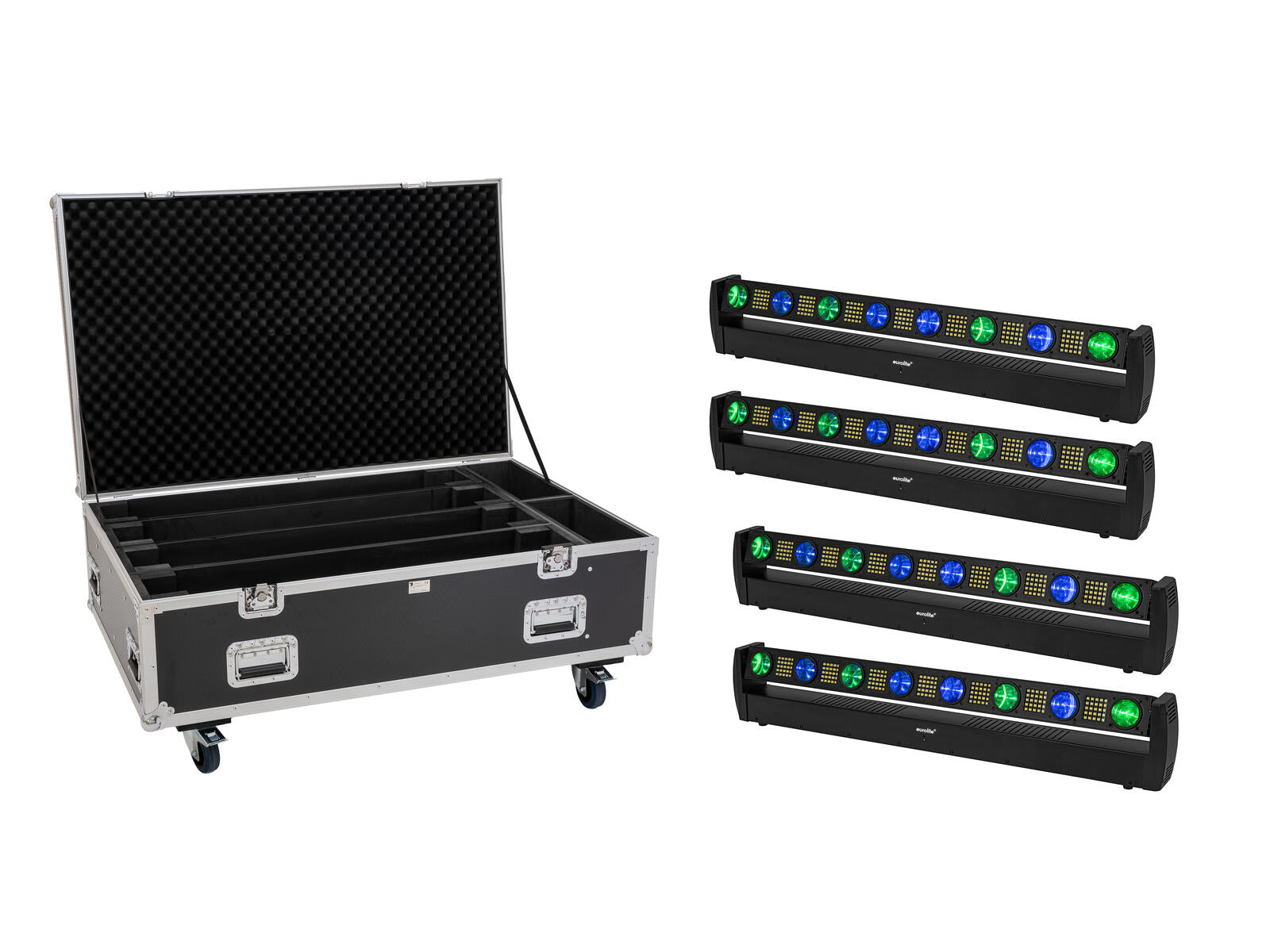 EUROLITE Set 4x LED BAR-8 SWING QCL Leiste + Flightcase mit Rollen