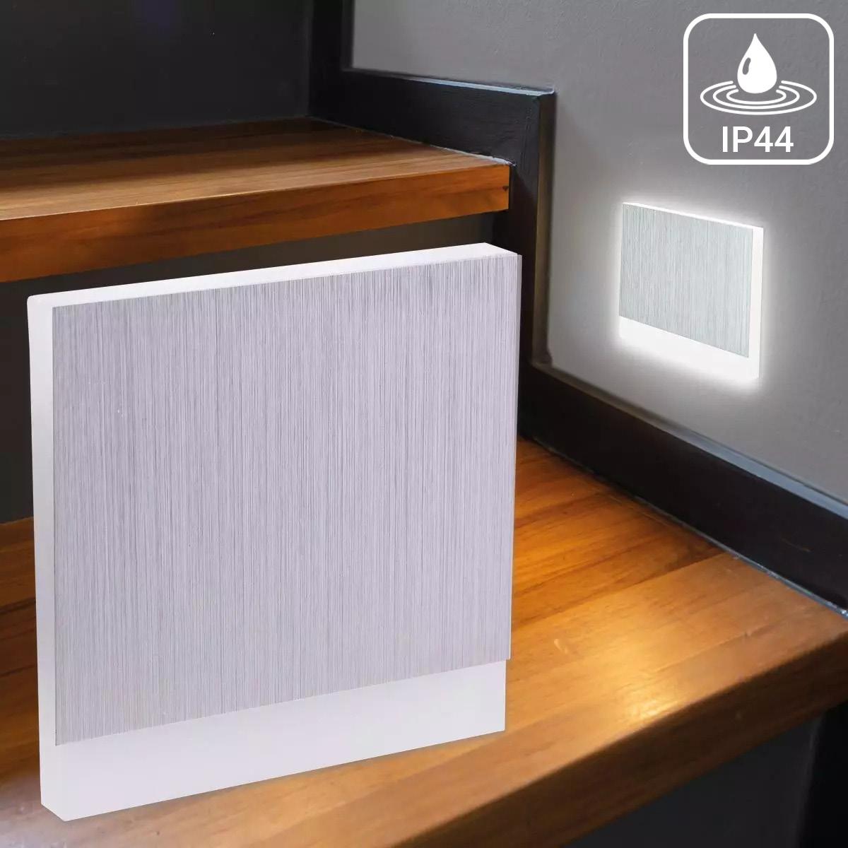 LED Treppenleuchte IP44 eckig Alu-gebürstet - Lichtfarbe: Neutralweiß 1,5W - Lichtaustritt: Orbis