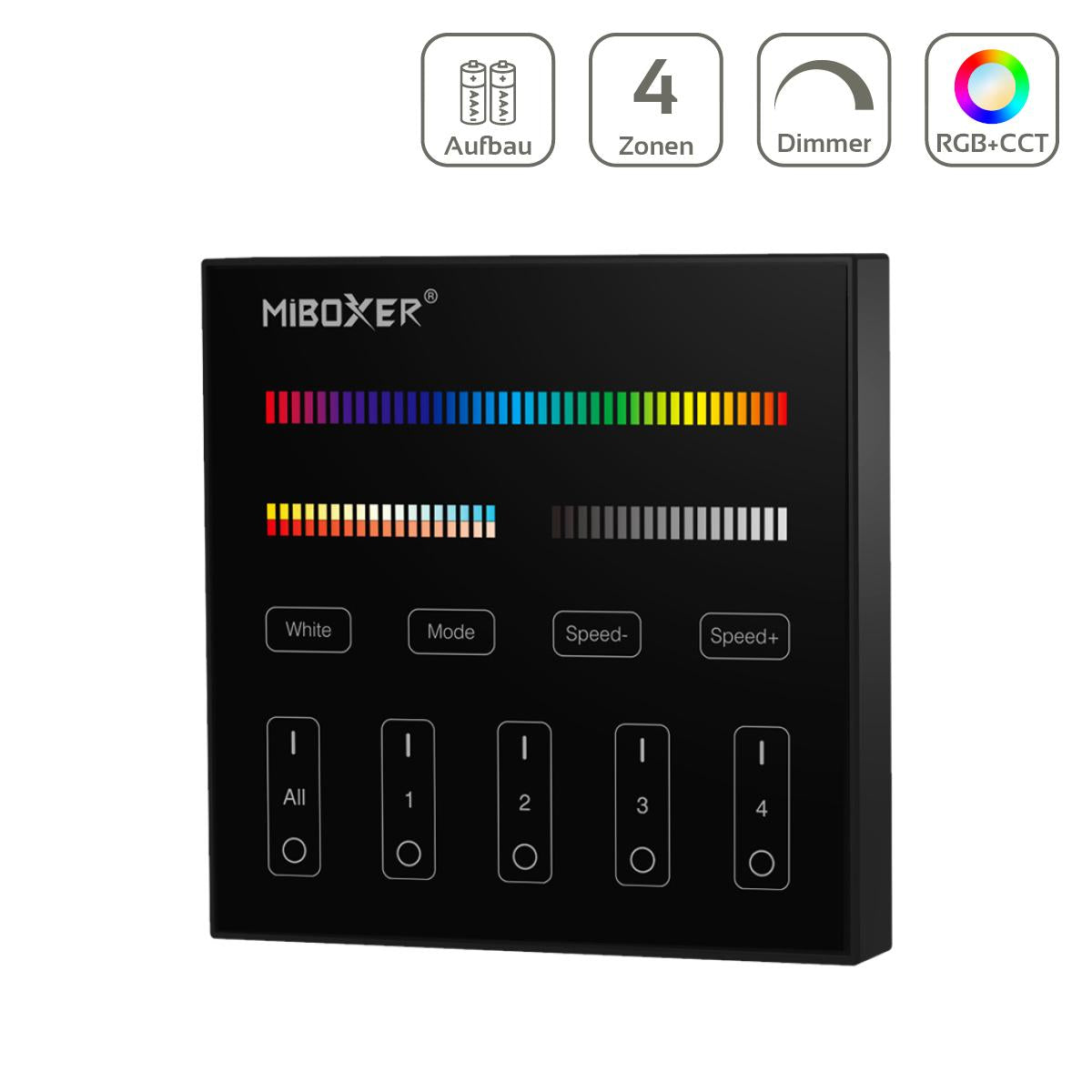MiBoxer RGB+CCT Wandschalter 4 Zonen Aufbau Dimmen Schalten Farbsteuerung batteriebetrieben B4 - Farbe: schwarz