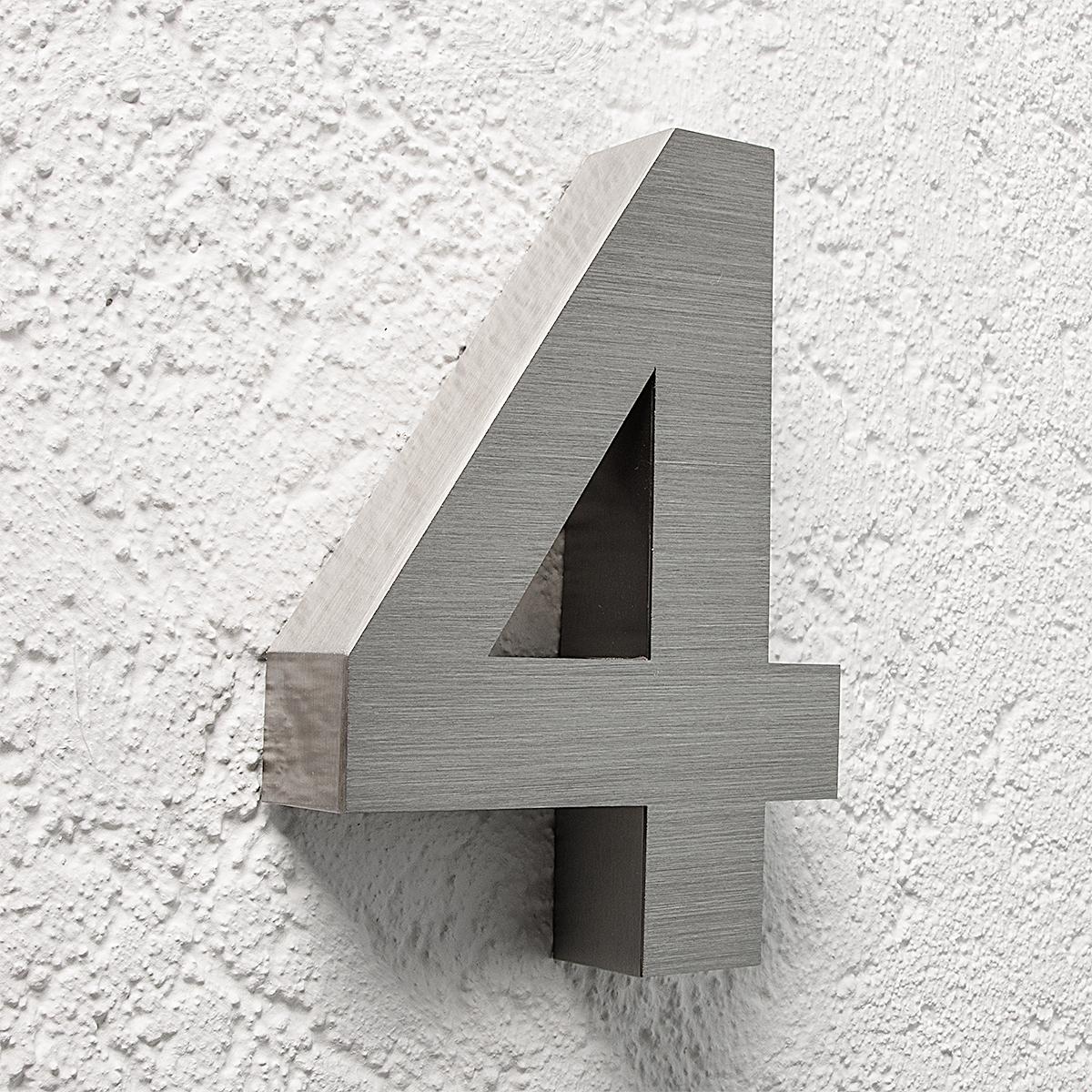 3D Hausnummer 4 Edelstahl V2A unbeleuchtet Arial