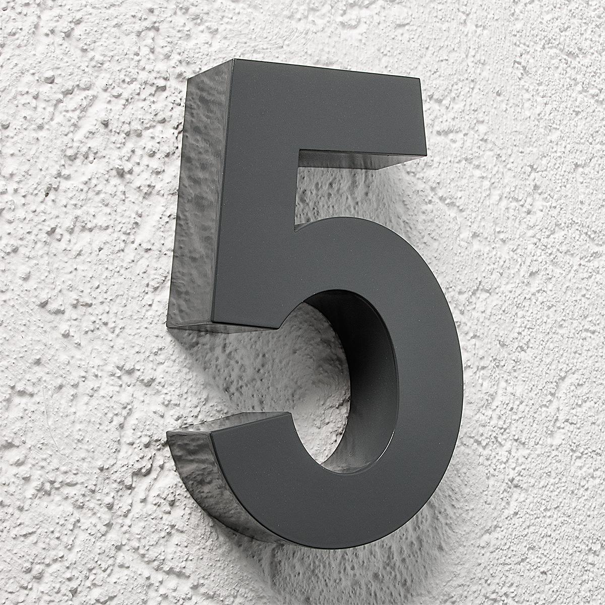 3D Hausnummer 5 Edelstahl anthrazit RAL7016 Schriftart Arial
