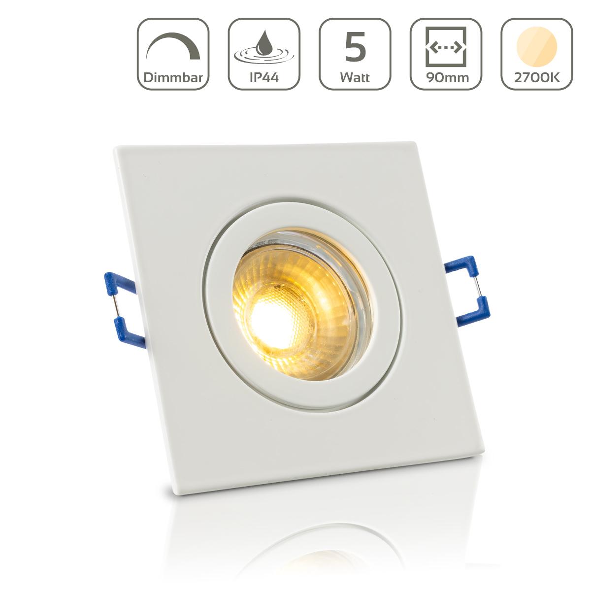 Einbauspot IP44 eckig - Farbe: Weiß - LED Leuchtmittel: GU10 5W warmweiß dimmbar