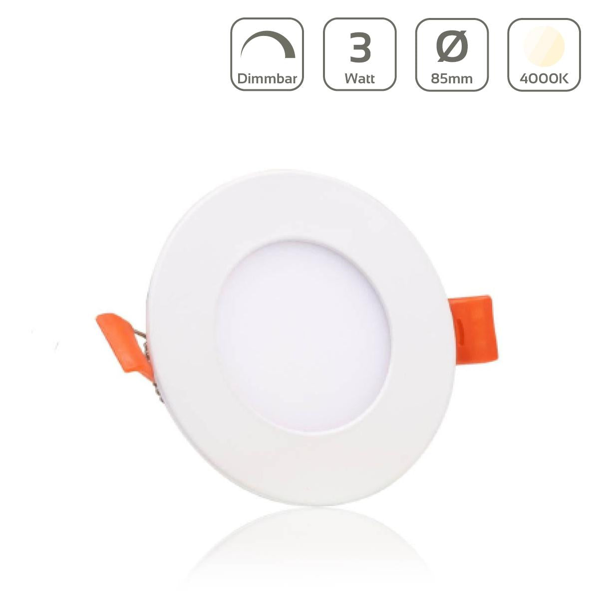LED Panel Einbaustrahler rund weiss dimmbar - Lichtfarbe: Neutralweiß 4000K - Ausführung: 3W Ø85mm Ausschnitt Ø75mm