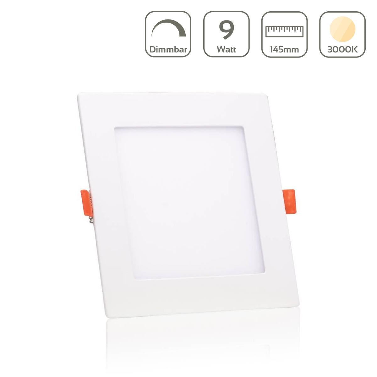 LED Panel Einbaustrahler eckig weiss dimmbar - Lichtfarbe: Warmweiß 3000K - Ausführung: 9W 145x145mm Ausschnitt 135x135mm