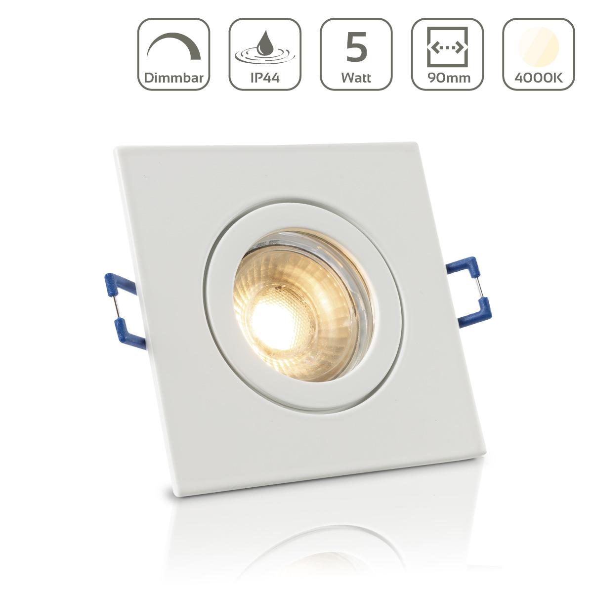 Einbauspot IP44 eckig - Farbe: Weiß - LED Leuchtmittel: GU10 5W neutralweiß dimmbar