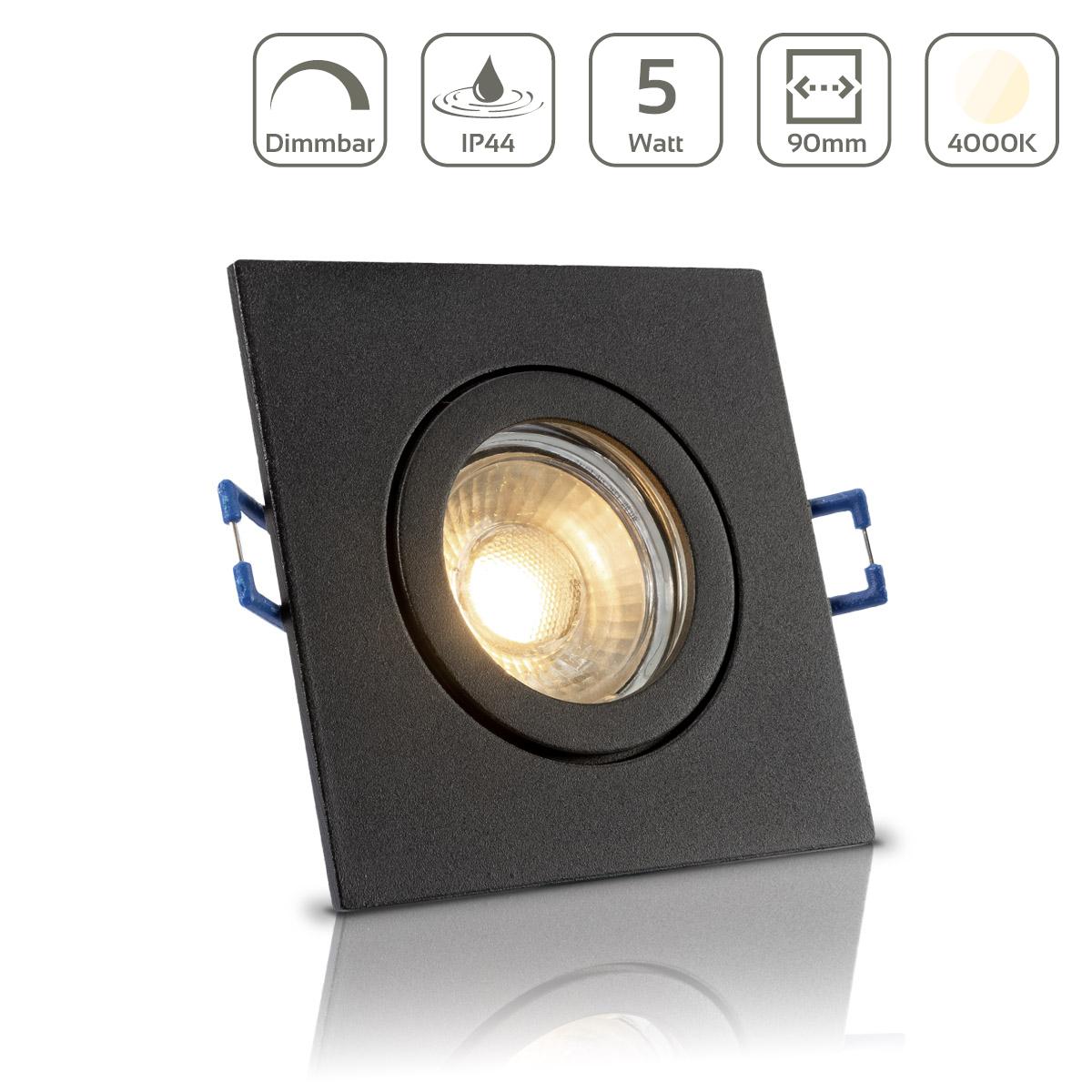 Einbauspot IP44 eckig - Farbe: Schwarz - LED Leuchtmittel: GU10 5W neutralweiß dimmbar