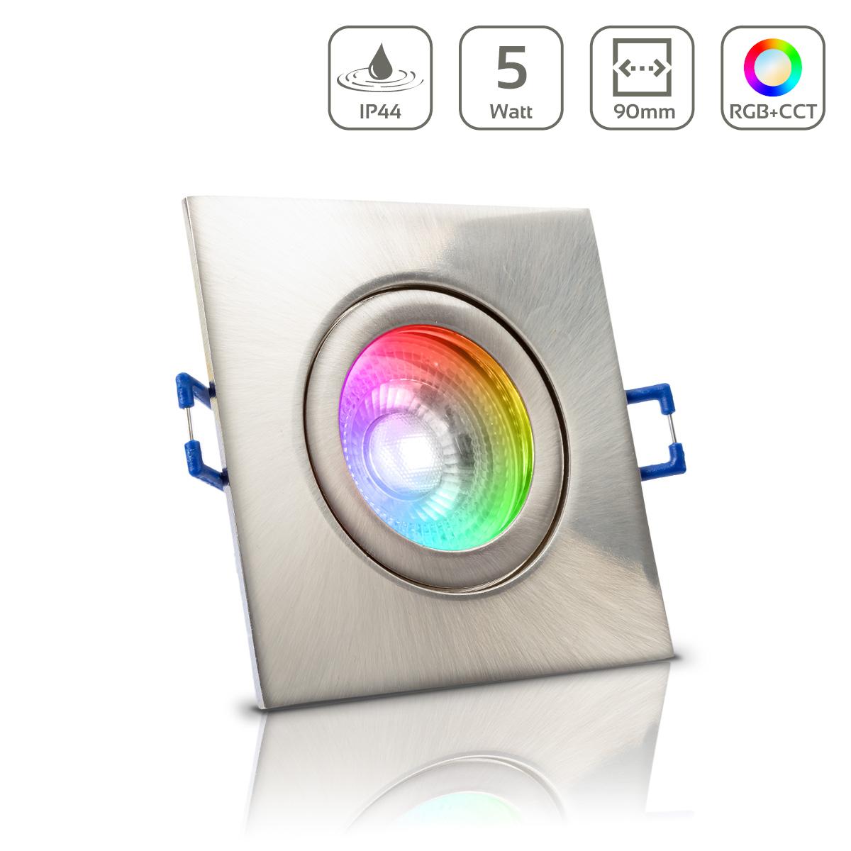 Einbauspot IP44 eckig - Farbe: Edelstahl-gebürstet - LED Leuchtmittel: GU10 5W RGB+CCT