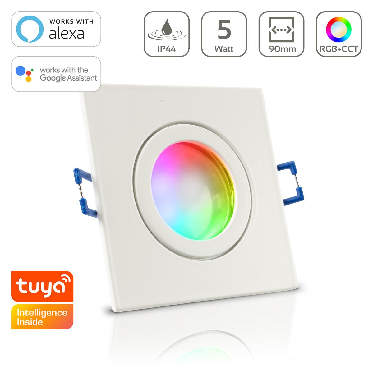 Einbauspot IP44 eckig - Farbe: Weiß - LED Leuchtmittel: GU10 5W RGB+CCT Smart Tuya