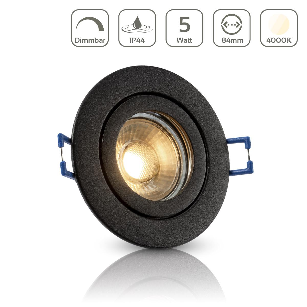 Einbauspot IP44 rund starr - Farbe: schwarz - LED Leuchtmittel: GU10 5W neutralweiß dimmbar