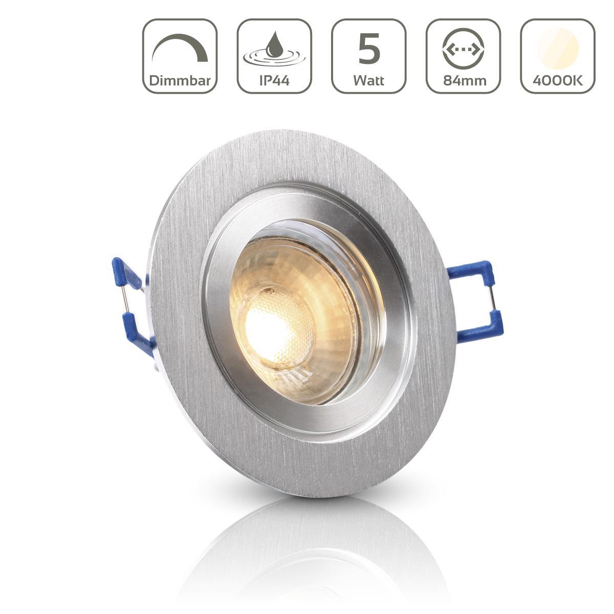 Einbauspot IP44 rund starr - Farbe: Alu-gebürstet - LED Leuchtmittel: GU10 5W neutralweiß dimmbar