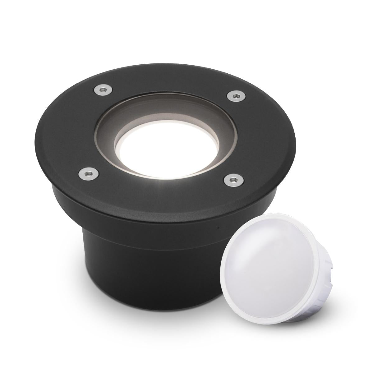 LED Bodeneinbaustrahler Schwarz FLACH rund 230V IP67 - Leuchtmittel: 5W 4000K DIMMBAR 120° - Anzahl: 1x