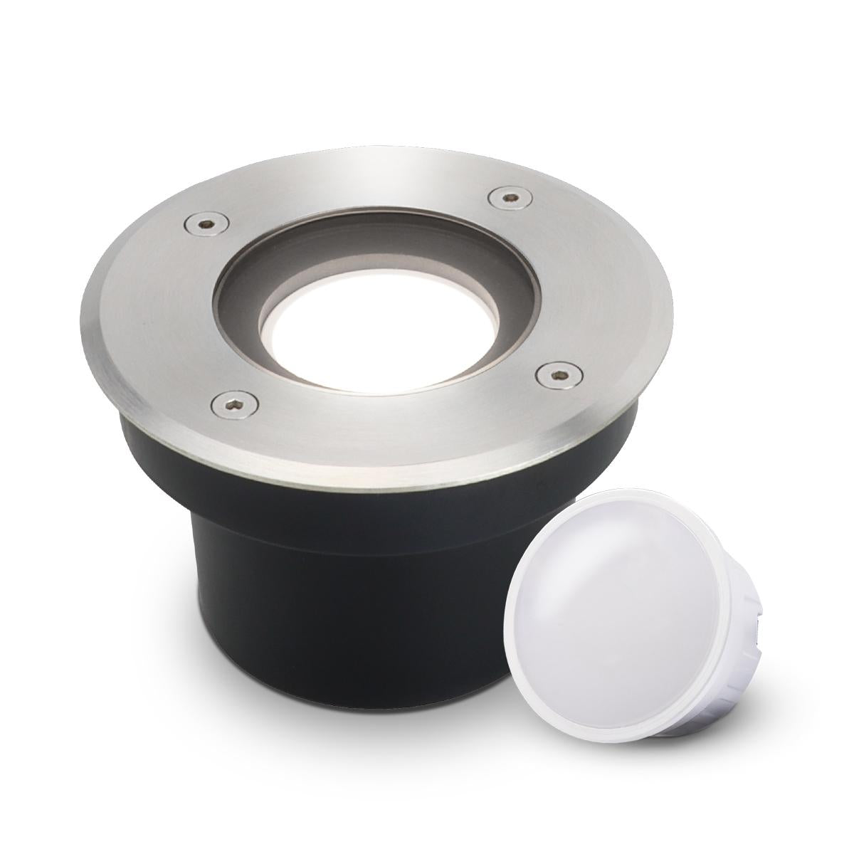 LED Bodeneinbaustrahler FLACH rund Edelstahl 230V IP67 - Leuchtmittel: 5W 4000K DIMMBAR 120° - Anzahl: 1x