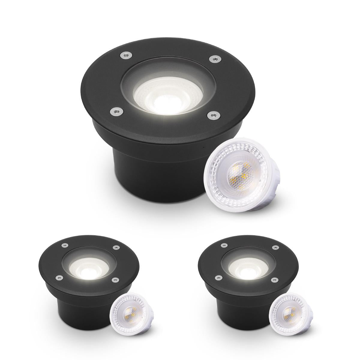 LED Bodeneinbaustrahler Schwarz FLACH rund 230V IP67 - Leuchtmittel: 5W 4000K DIMMBAR 60° - Anzahl: 3x