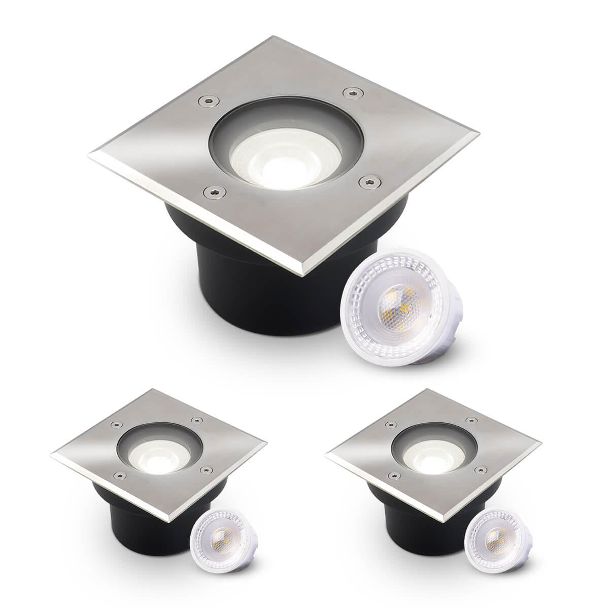 LED Bodeneinbaustrahler flach eckig Edelstahl 230V IP67 - Leuchtmittel: 5W 4000K DIMMBAR 60° - Anzahl: 3x