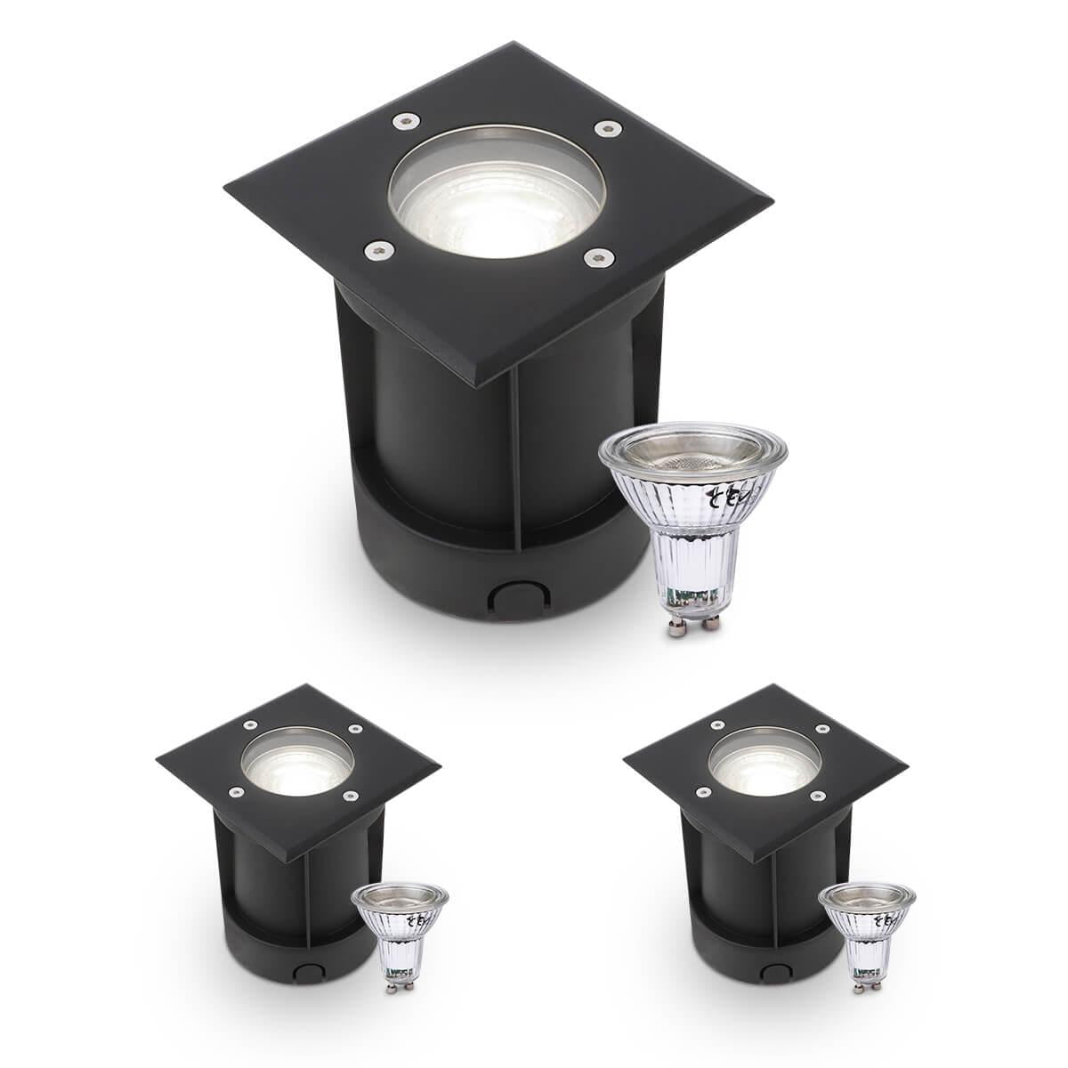 LED Bodeneinbaustrahler Schwarz eckig 230V IP67 - Leuchtmittel: GU10 5W 4000K DIMMBAR - Anzahl: 3x
