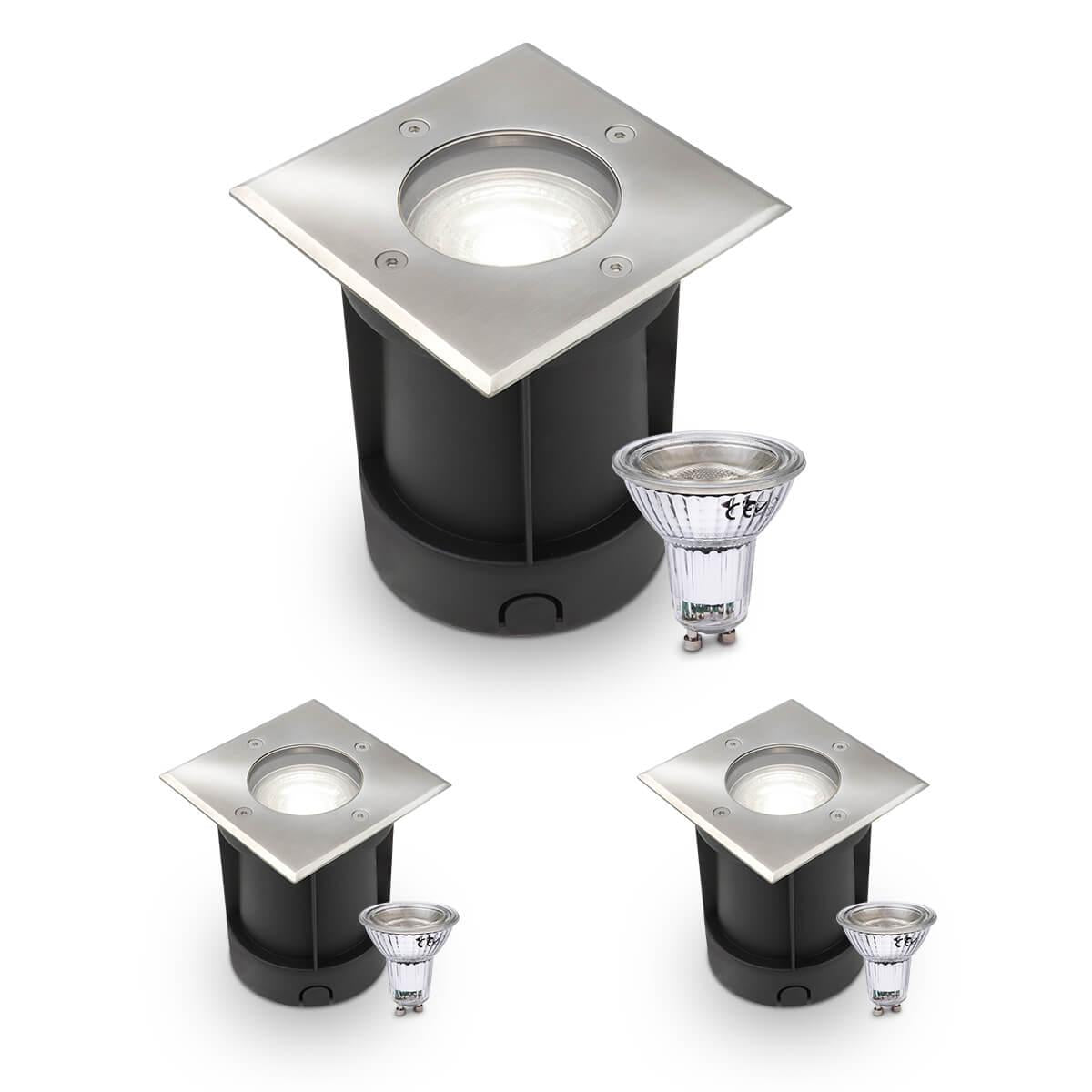 LED Bodeneinbaustrahler eckig Edelstahl 230V IP67 - Leuchtmittel: GU10 5W 4000K DIMMBAR - Anzahl: 3x