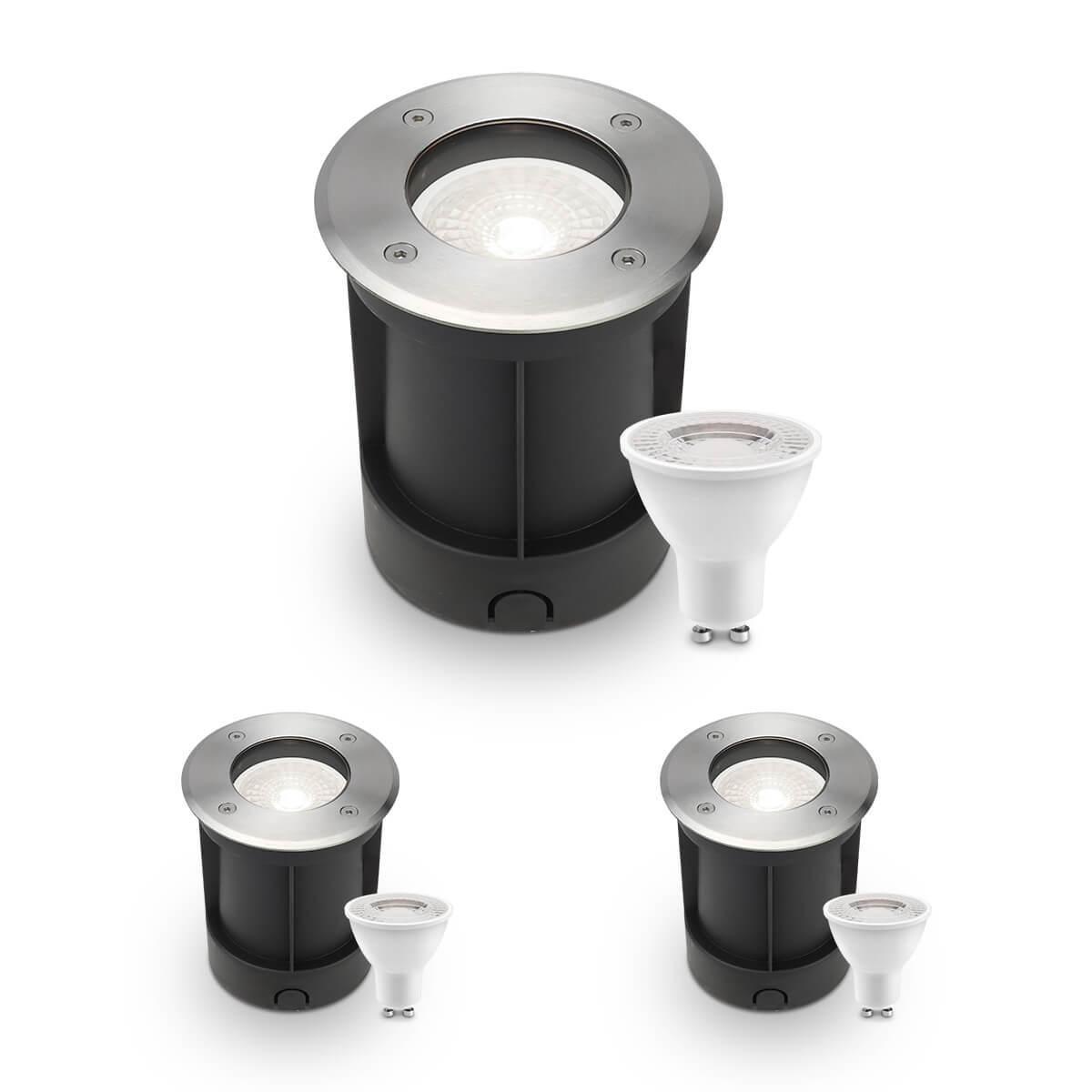 LED Bodeneinbaustrahler rund Edelstahl 230V IP67 - Leuchtmittel: GU10 4W 4000K - Anzahl: 3x