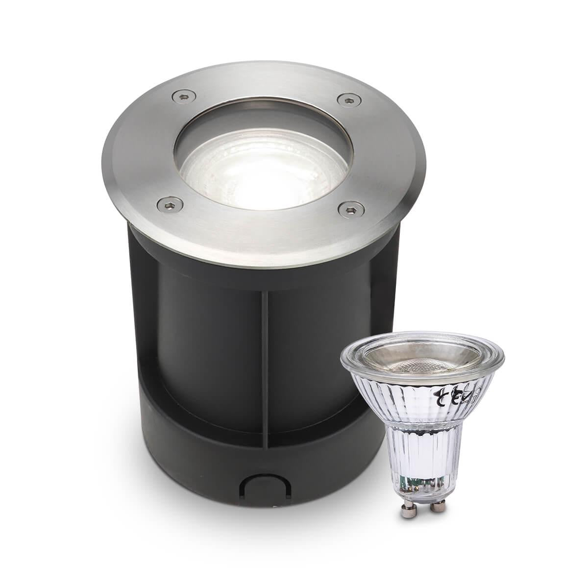 LED Bodeneinbaustrahler rund Edelstahl 230V IP67 - Leuchtmittel: GU10 5W 4000K DIMMBAR - Anzahl: 1x