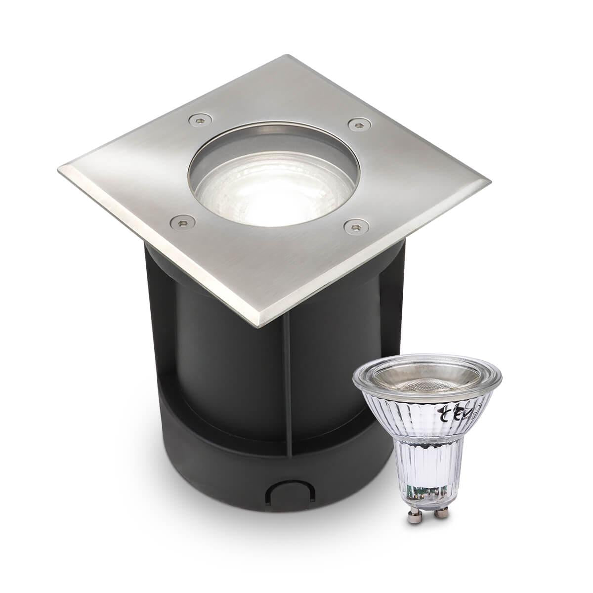 LED Bodeneinbaustrahler eckig Edelstahl 230V IP67 - Leuchtmittel: GU10 5W 4000K DIMMBAR - Anzahl: 1x