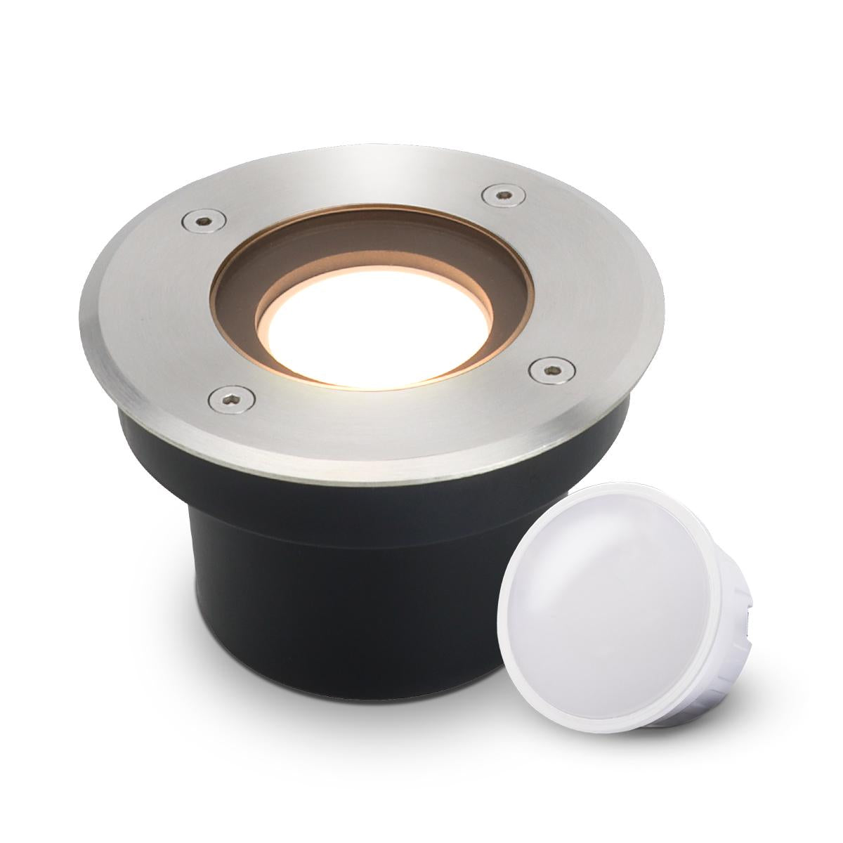 LED Bodeneinbaustrahler FLACH rund Edelstahl 230V IP67 - Leuchtmittel: 5W 2700K DIMMBAR 120° - Anzahl: 1x