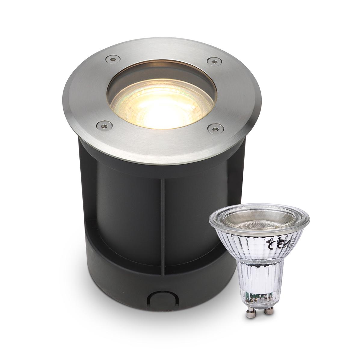 LED Bodeneinbaustrahler rund Edelstahl 230V IP67 - Leuchtmittel: GU10 5W 2700K DIMMBAR - Anzahl: 1x