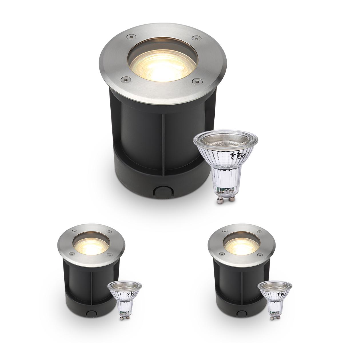 LED Bodeneinbaustrahler rund Edelstahl 230V IP67 - Leuchtmittel: GU10 5W 2700K DIMMBAR - Anzahl: 3x