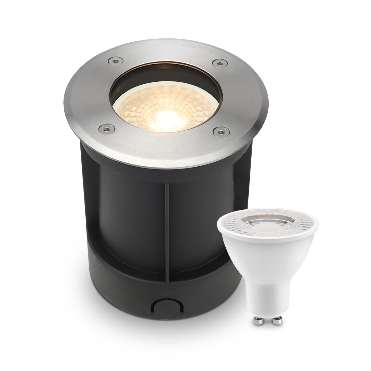LED Bodeneinbaustrahler rund Edelstahl 230V IP67 - Leuchtmittel: GU10 4W 2700K - Anzahl: 1x