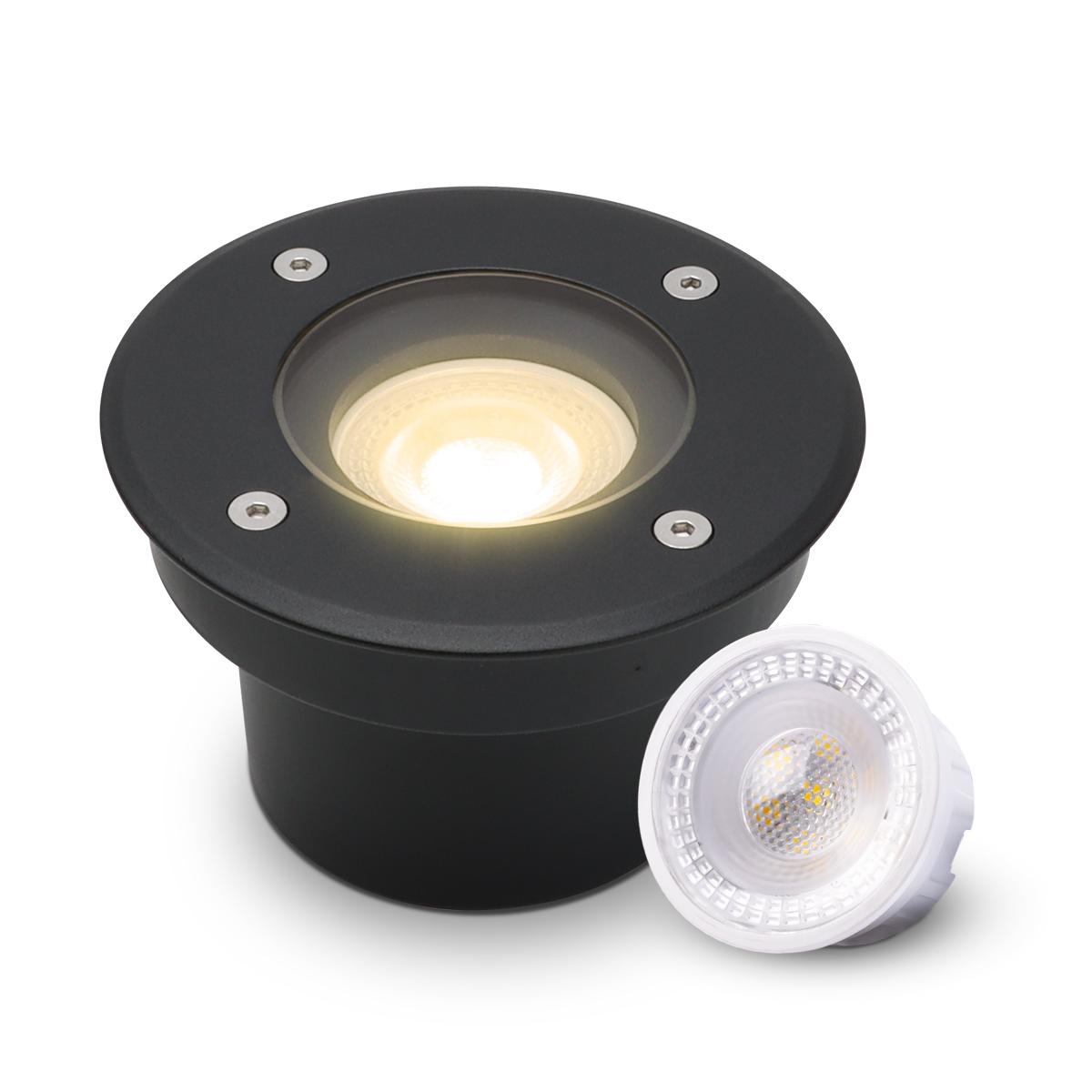 LED Bodeneinbaustrahler Schwarz FLACH rund 230V IP67 - Leuchtmittel: 5W 2700K DIMMBAR 60° - Anzahl: 1x