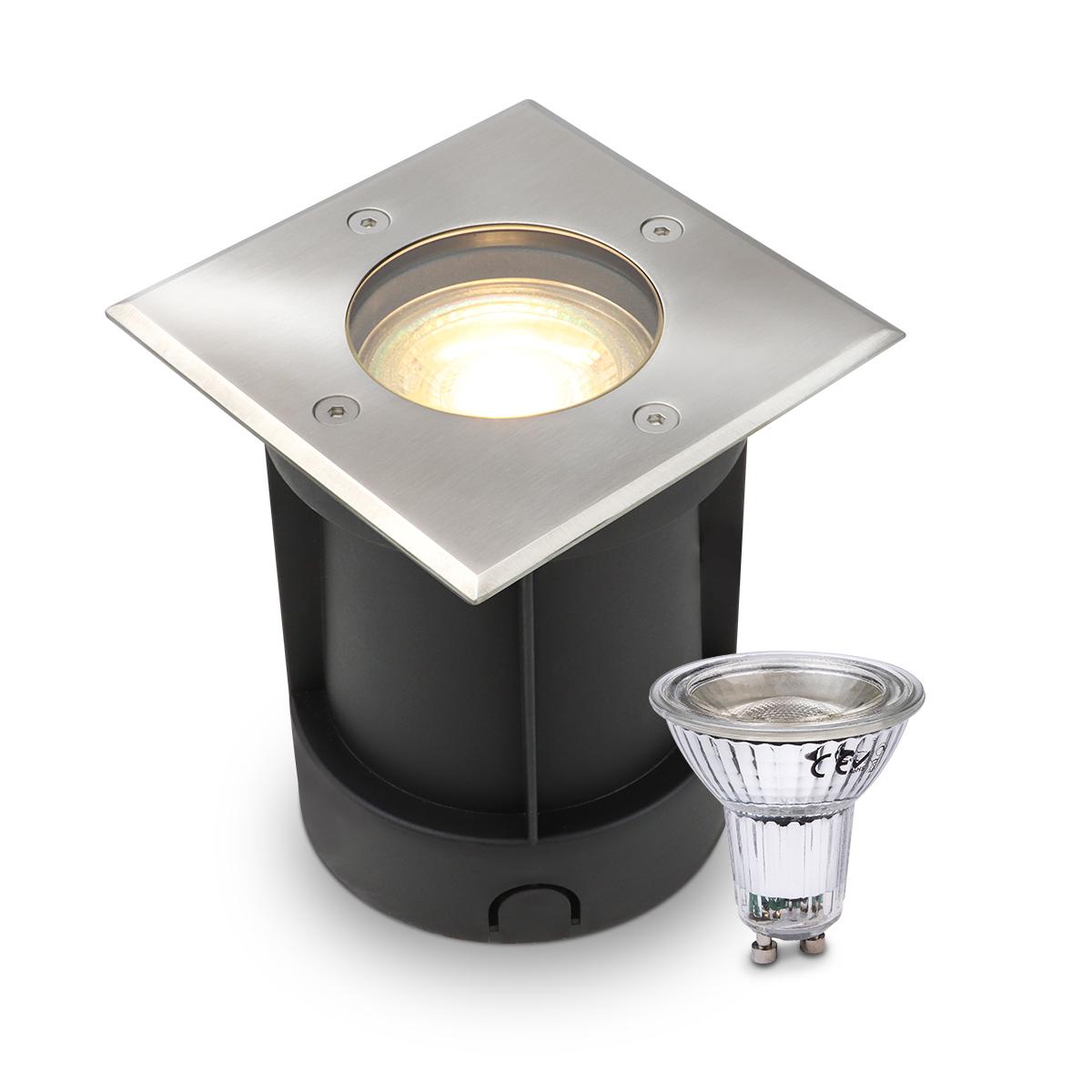 LED Bodeneinbaustrahler eckig Edelstahl 230V IP67 - Leuchtmittel: GU10 5W 2700K DIMMBAR - Anzahl: 1x