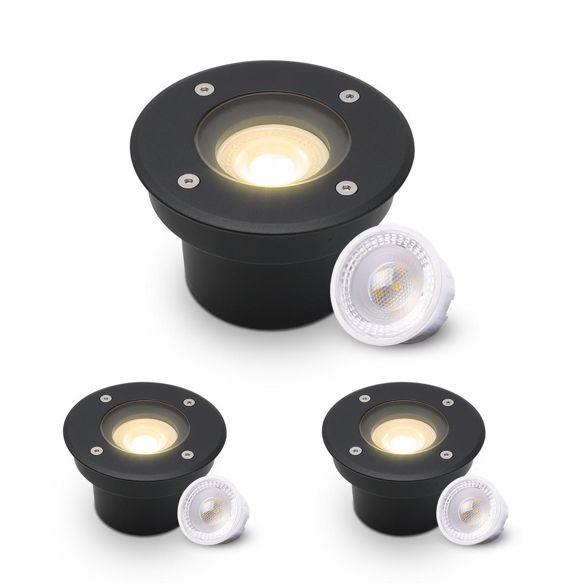 LED Bodeneinbaustrahler Schwarz FLACH rund 230V IP67 - Leuchtmittel: 5W 2700K DIMMBAR 60° - Anzahl: 3x
