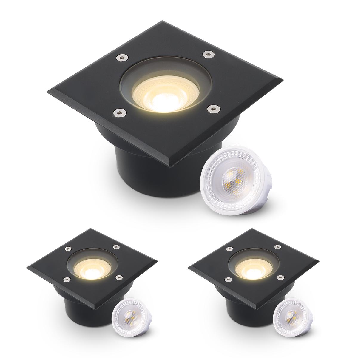 LED Bodeneinbaustrahler Schwarz FLACH eckig 230V IP67 - Leuchtmittel: 5W 2700K DIMMBAR 60° - Anzahl: 3x