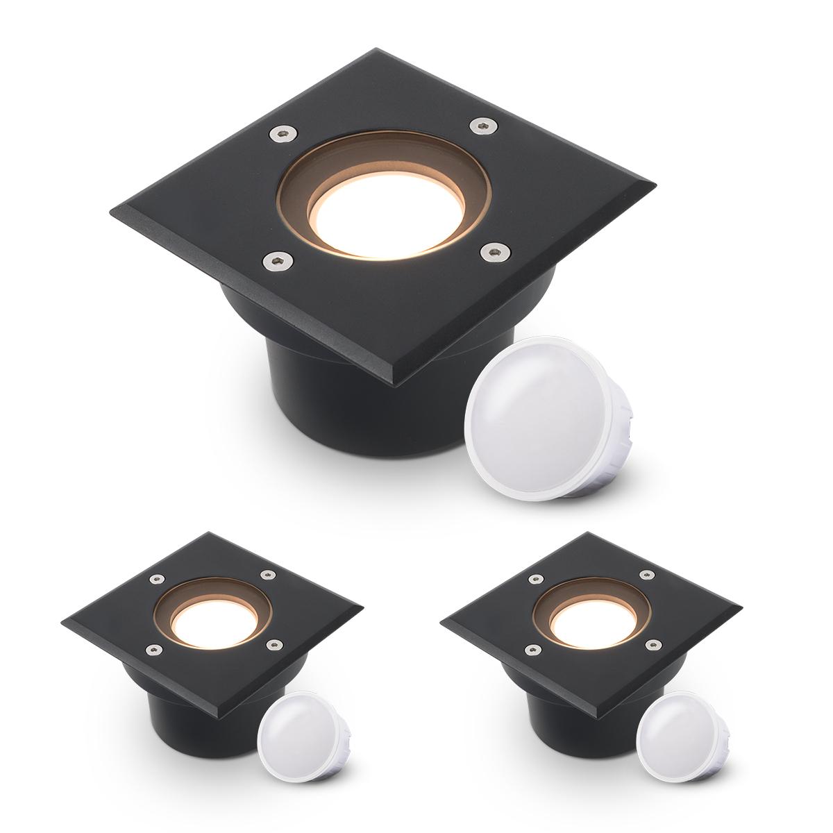 LED Bodeneinbaustrahler Schwarz FLACH eckig 230V IP67 - Leuchtmittel: 5W 2700K DIMMBAR 120° - Anzahl: 3x